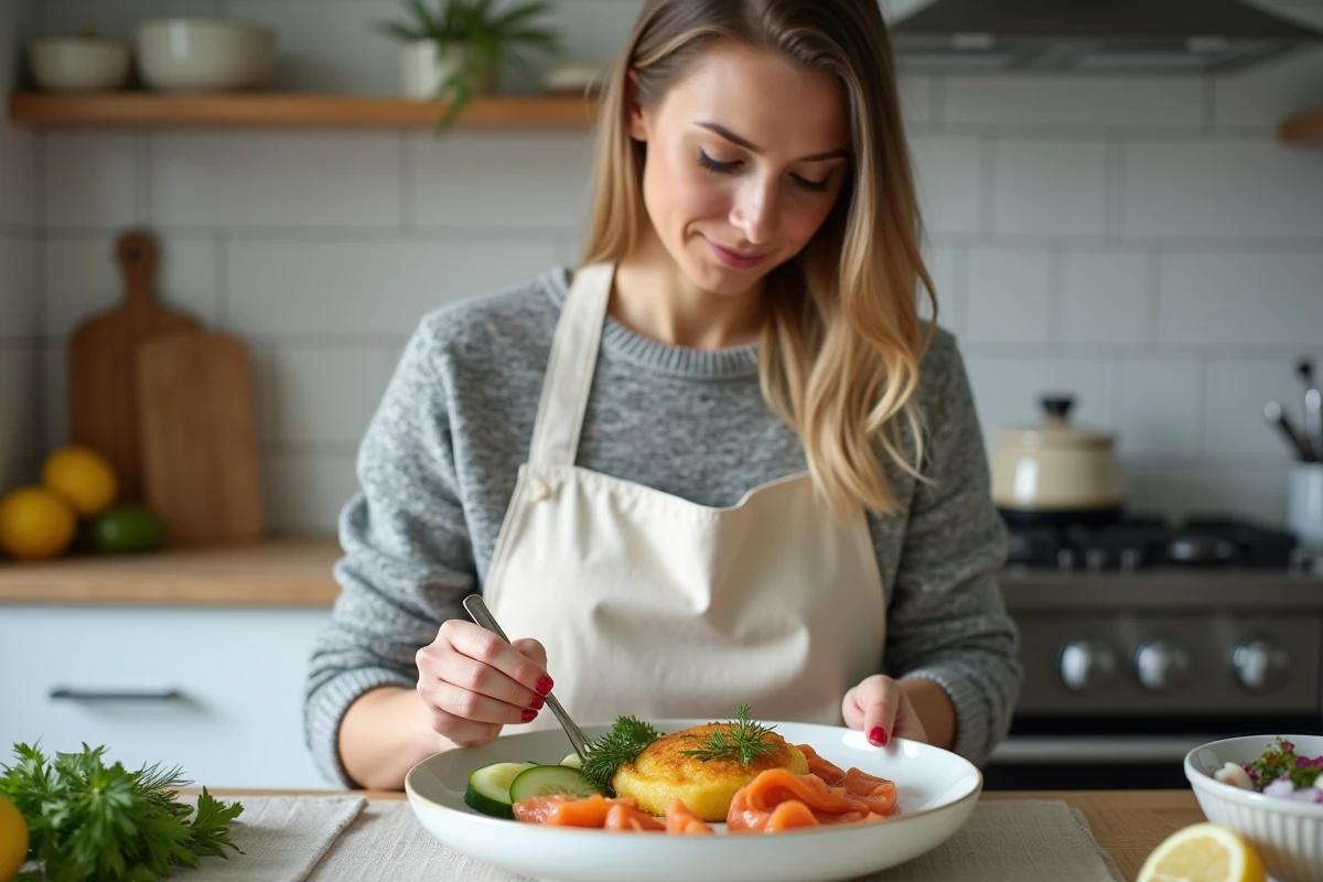 Femme préparant une rapée de pomme de terre avec saumon fumé et aneth dans une cuisine moderne lumineuse