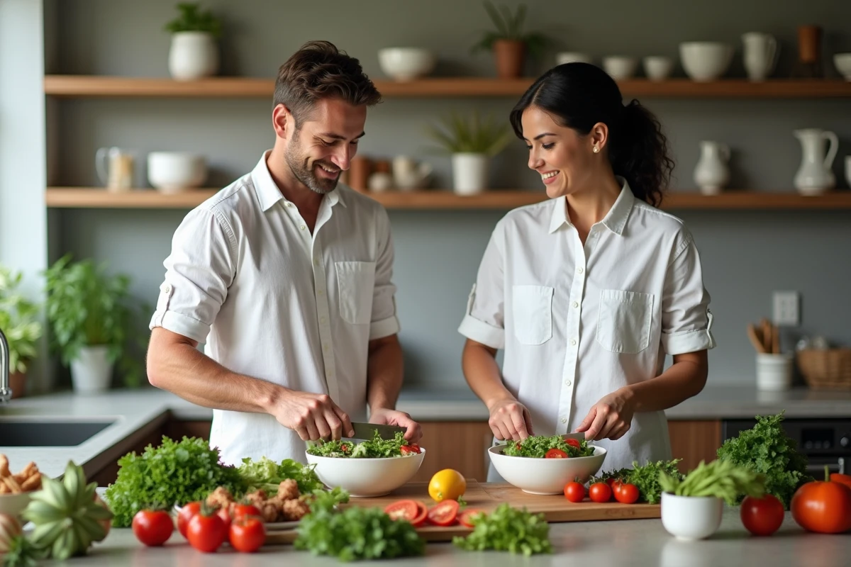 Deux amis préparent une salade dans une cuisine moderne