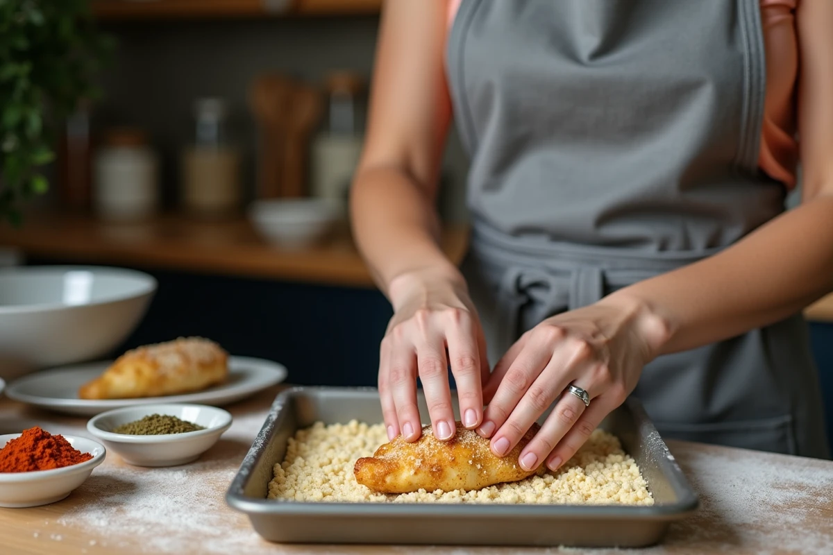 Jeune femme préparant des tenders de poulet épicés maison en pressant la panure dans un plateau de chapelure assaisonnée