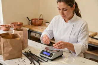 Cheffe pâtissière pesant des gousses de vanille de Madagascar sur une balance de précision dans une cuisine professionnelle