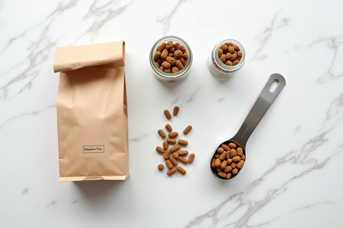 Mise en scène produit de croquettes à base d'insectes avec sac en kraft, larves séchées et pelle en inox sur surface en marbre blanc