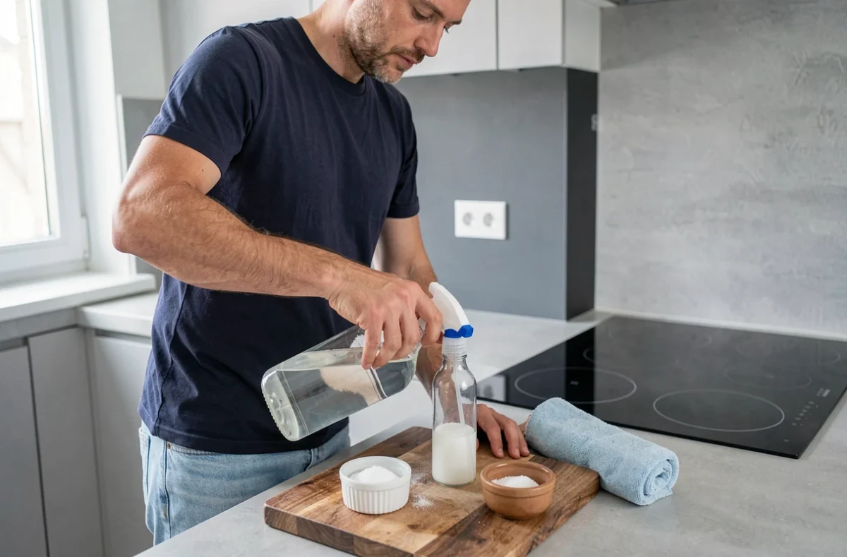 Homme préparant un produit nettoyant maison avec du vinaigre blanc et du bicarbonate de soude devant une plaque vitrocéramique propre