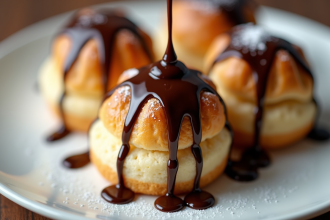Profiteroles au chocolat brillant sur assiette blanche