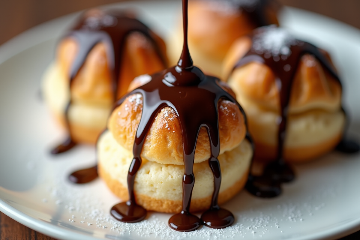 Profiteroles au chocolat brillant sur assiette blanche