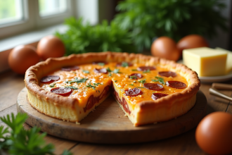 Quiche au chorizo fraîche sur une table en bois