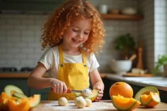 Jeune fille préparant des billes de melon dans une cuisine familiale avec un vide-pomme