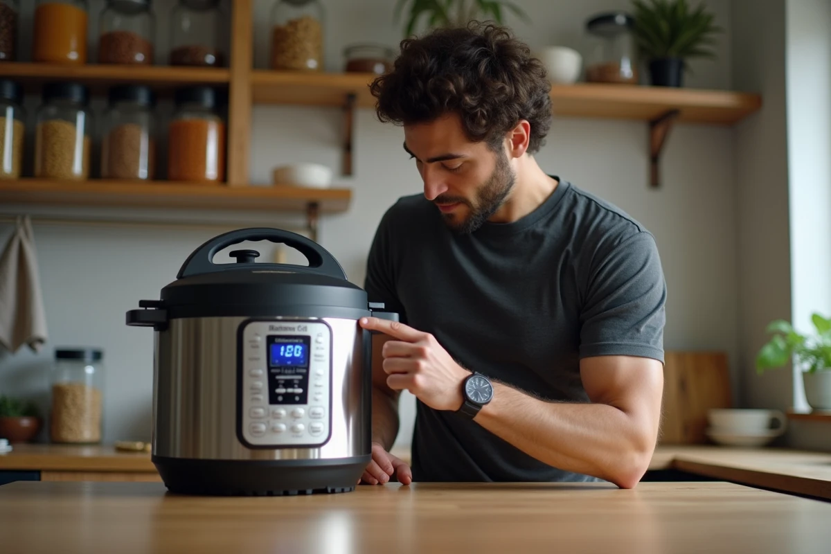 Homme réglant le minuteur d'un auto-cuiseur électrique pour la cuisson des pois chiches dans une cuisine moderne