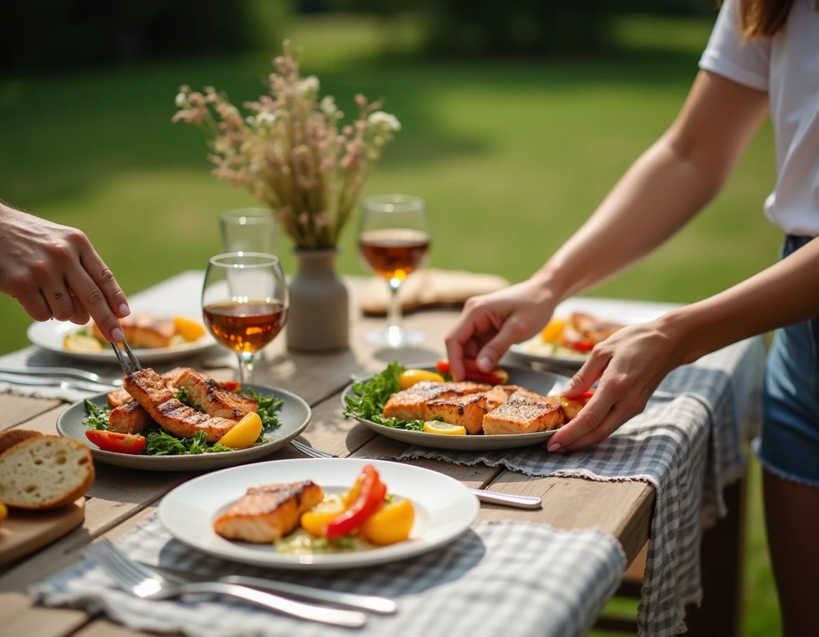 Repas convivial autour d'un barbecue estival avec brochettes de saumon grillé, poivrons rôtis et salade verte sur table de jardin