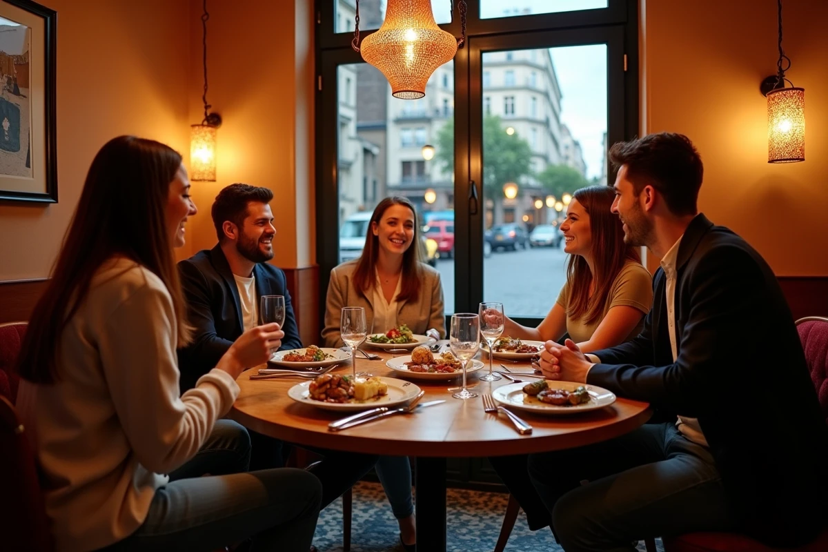 Groupe d'amis partageant un repas convivial libanais autour d'une table au restaurant Le Cèdre rue Mouffetard Paris, avec grillades et falafel