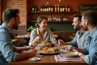 Groupe d'amis partageant un repas convivial dans un restaurant italien à l'ambiance chaleureuse et rustique