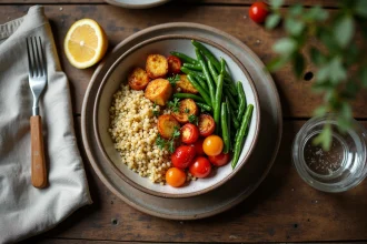 Repas équilibré du soir composé de quinoa, légumes rôtis et haricots verts sur une table en bois rustique, vue de dessus