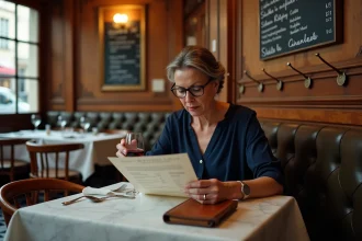 Femme consultant sa réservation dans un bistrot parisien traditionnel avec carrelage vintage et ardoise de menu