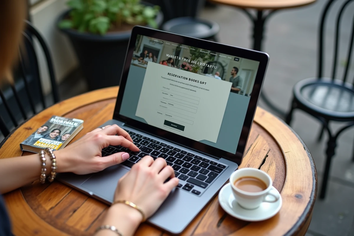 Réservation en ligne d'un bistrot parisien depuis un ordinateur portable en terrasse de café à Paris