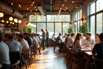 Intérieur d'un restaurant animé pendant le déjeuner avec des convives