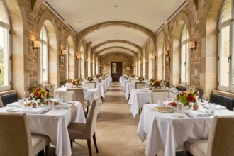 Salle de restaurant gastronomique étoilé en Nouvelle-Aquitaine avec tables dressées en lin blanc et décor élégant