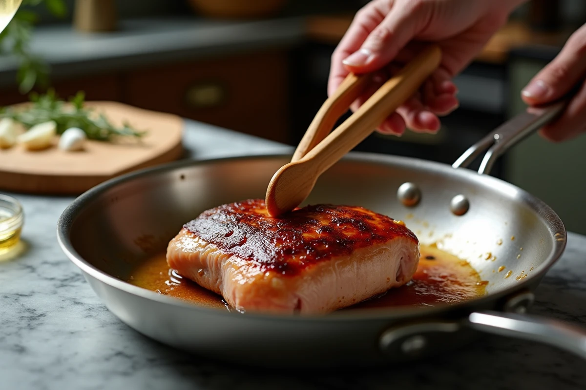 Mains retournant une paupiette de porc dans une poêle en inox pour une cuisson uniforme