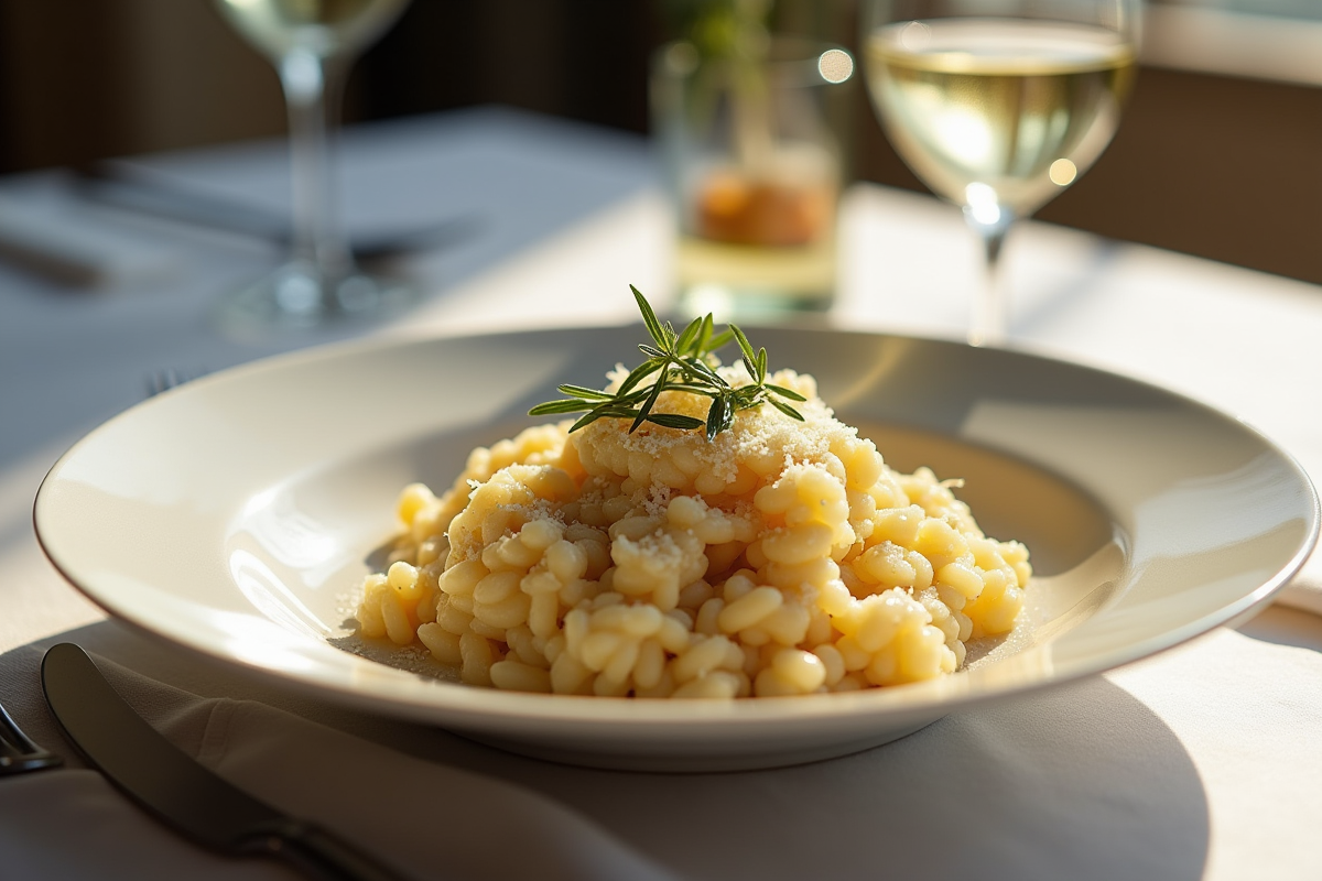 Assiette de risotto aux champignons avec parmesan et vin blanc