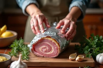 Rôti de porc Orloff cru en cours d'emballage dans du papier aluminium sur une planche en bois, avec jambon, fromage et herbes aromatiques