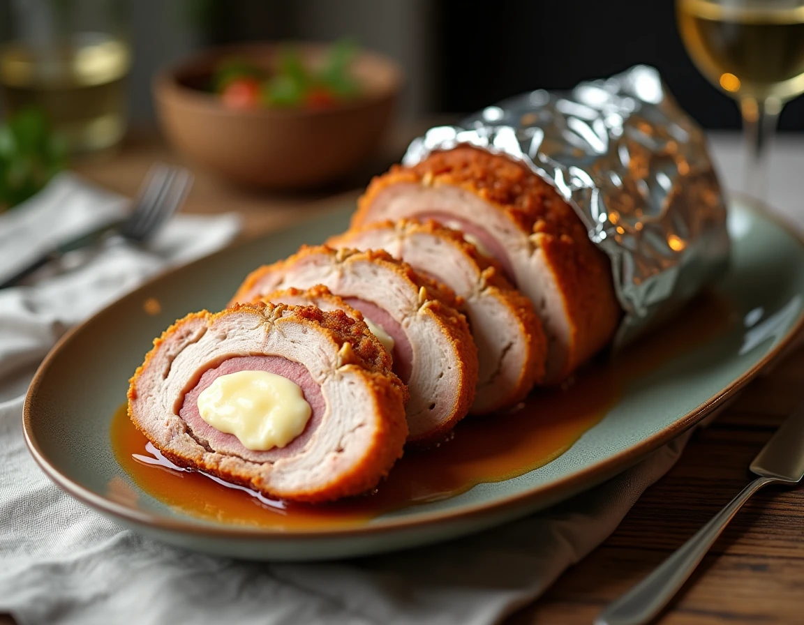 Rôti Orloff tranché et doré déposé sur un plat en céramique avec la papillote aluminium ouverte révélant les couches de jambon et fromage fondus