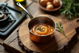 Sauce à l'échalote en réduction dans une casserole en cuivre sur une planche en bois rustique