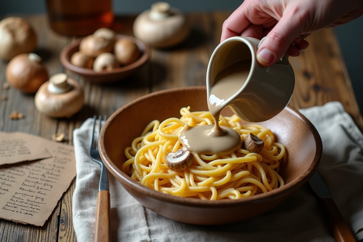 Versement de sauce aux champignons sur des pâtes dans un bol rustique