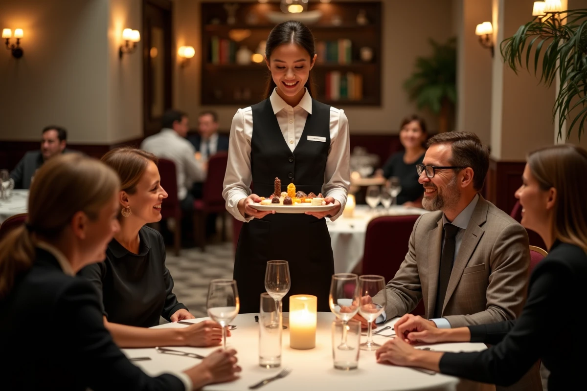 Serveuse présentant un plateau de desserts à des clients souriants