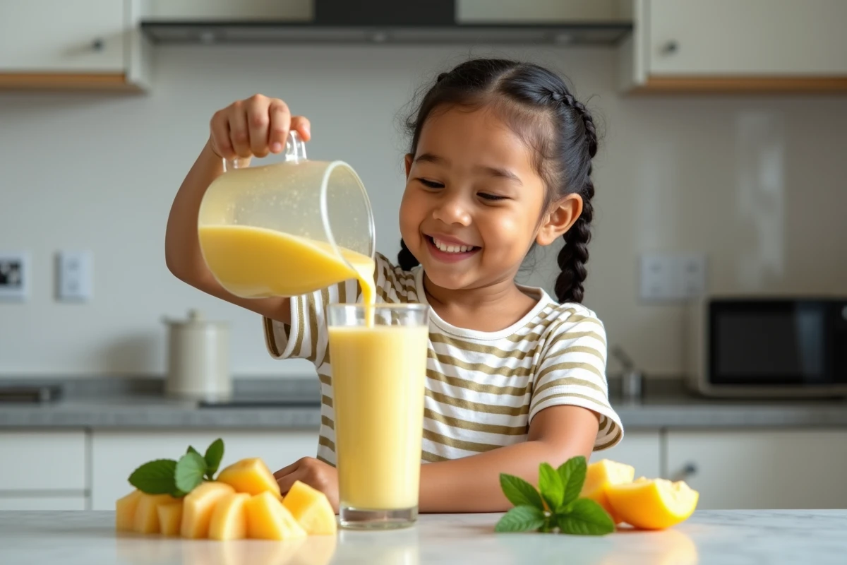 Jeune fille préparant un smoothie au melon dans une cuisine moderne