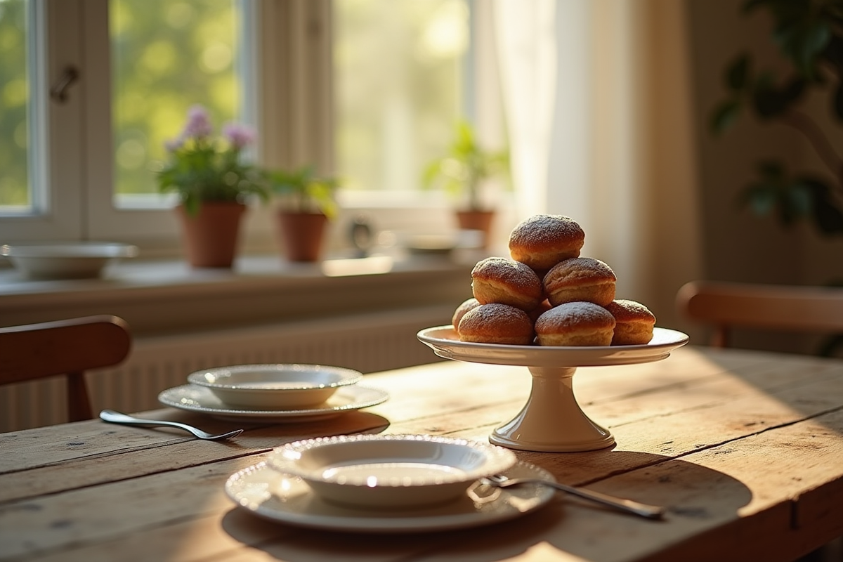 Profiteroles empiles sur table en bois sous lumière naturelle
