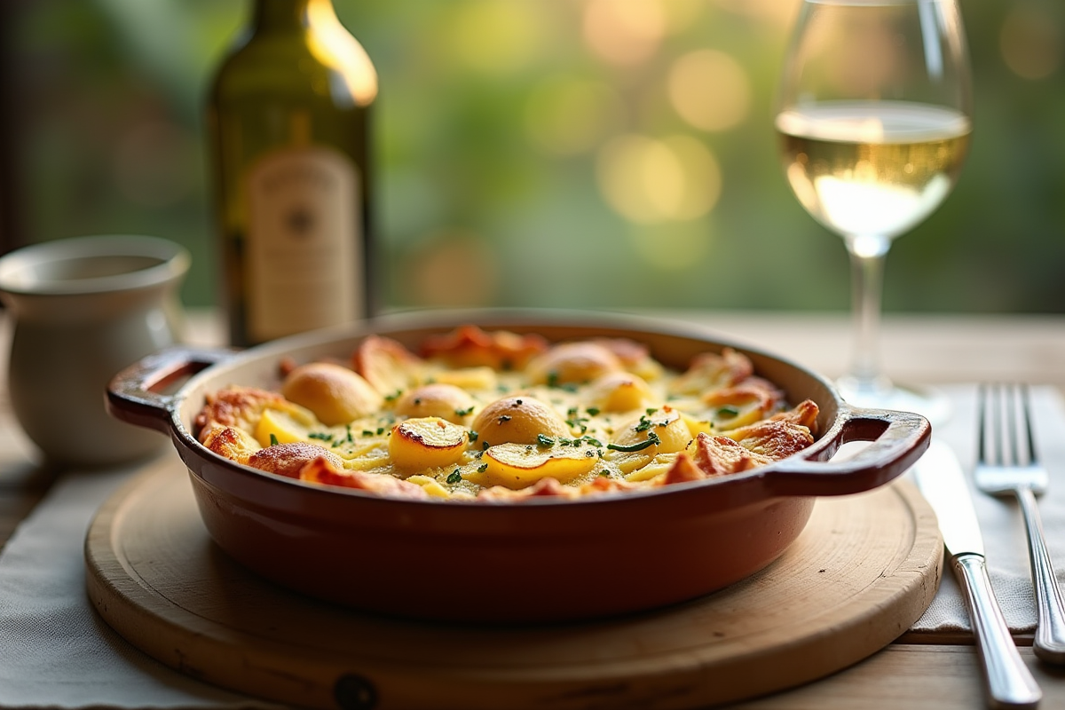 Table de dîner avec gratin de zucchini et pommes de terre