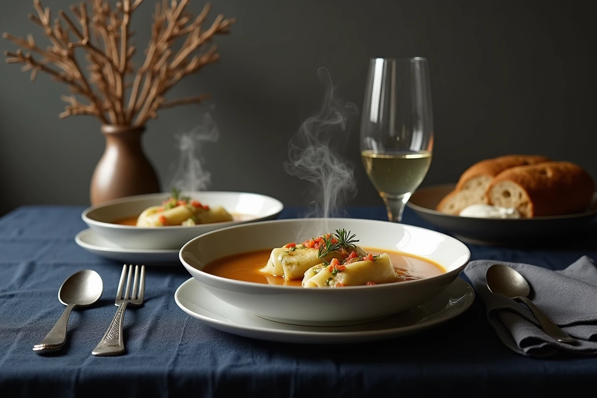 Table dressée pour un dîner d'hiver avec deux bols de choux farcis en bouillon de légumes, pain croustillant et crème fraîche sur nappe en lin marine