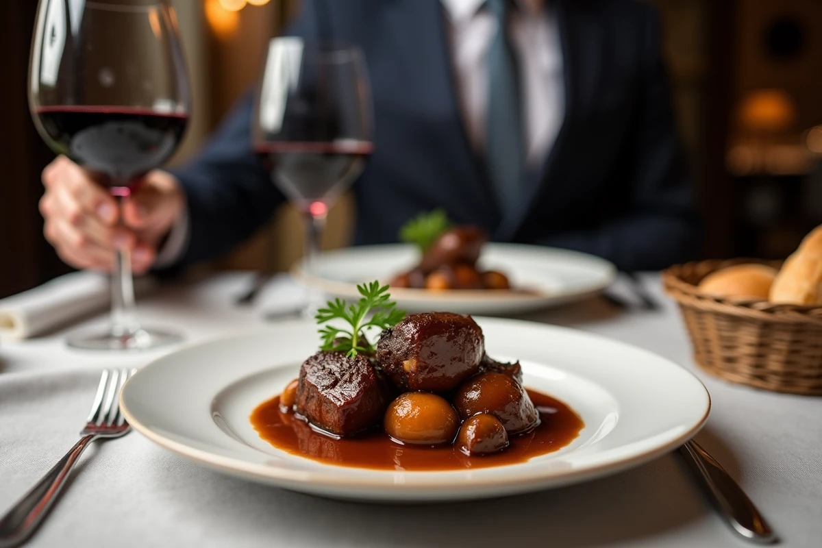 Dîner sophistiqué avec plat de rognon de veau au porto sur la table