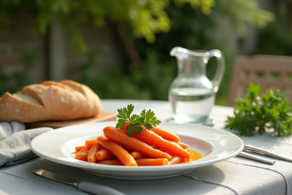 Table de jardin avec assiette de carottes vichy et pain