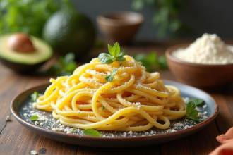 Table rustique avec pâtes traditionnelles et ingrédients keto