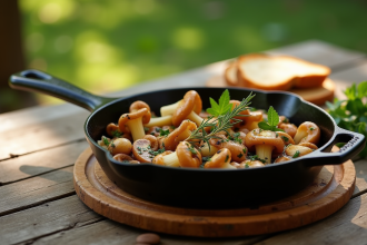 Table rustique en plein air avec champignons sautés et pain