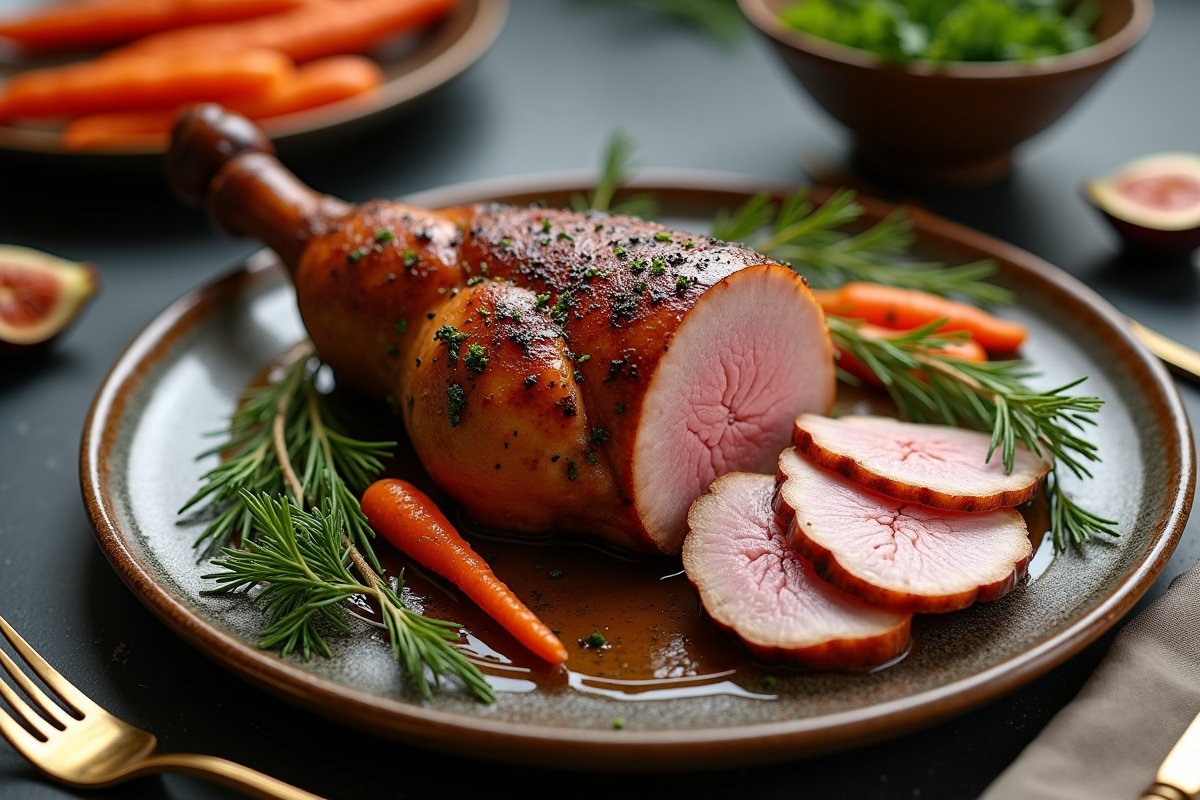 Table élégante avec magret de canard entier et légumes rôtis
