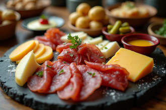Table raclette vue de dessus avec fromages et charcuterie