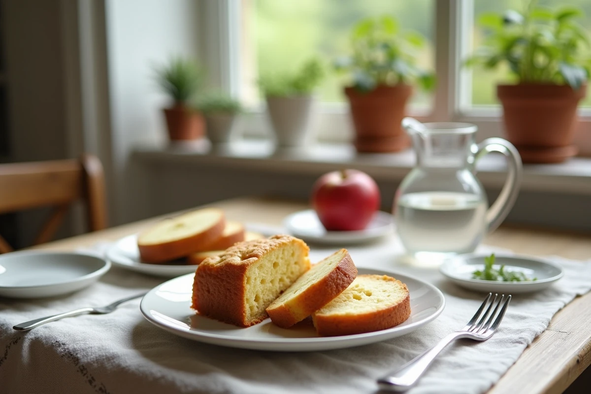 Partage d’un gâteau au yaourt et pommes sur une table rustique