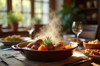 Table rustique avec repas familial civet de lapin