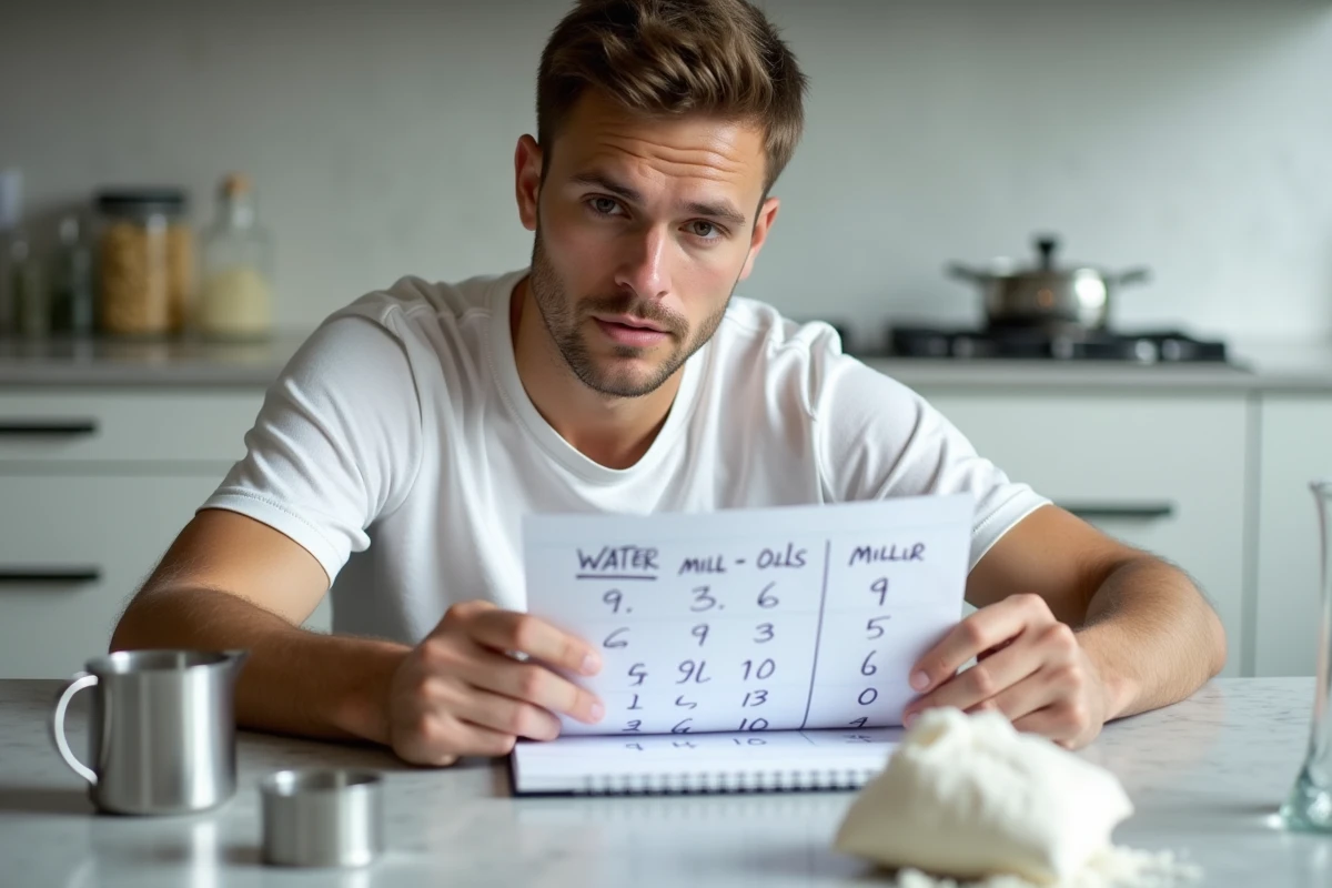 Jeune homme consultant un tableau de conversion grammes-litres pour l'eau, le lait, l'huile et la farine dans une cuisine moderne