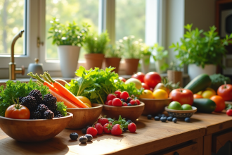 Table en bois avec fruits et légumes frais en matinée