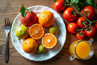 Vue de dessus d'une table avec fruits T comme tangerines tamarillos et tomates