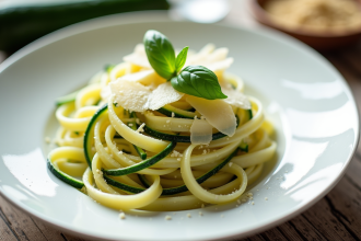 Courgettes en tagliatelles joliment présentées avec parmesan