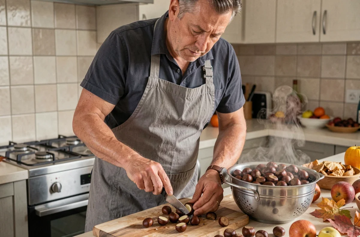 Homme en tablier utilisant la technique de l'eau bouillante pour enlever la pellicule des châtaignes dans une cuisine authentique