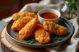 Tenders de poulet épicés croustillants servis sur une planche en bois rustique avec sauce dip maison et herbes fraîches