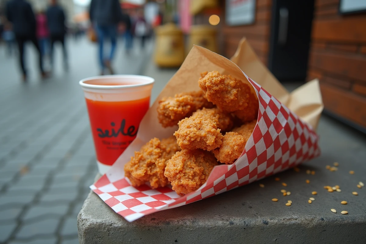Cornet de tenders de poulet épicés façon street food servis dans du papier sulfurisé à carreaux sur fond urbain
