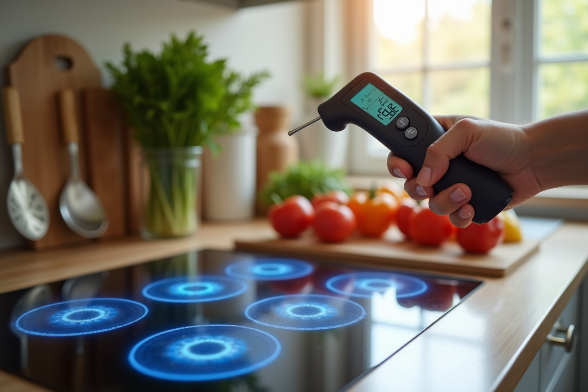 Main tenant un thermometre intelligent au-dessus de la plaque induction avec légumes frais
