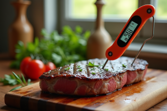 Thermomètre digital dans un steak grillé sur une planche en bois