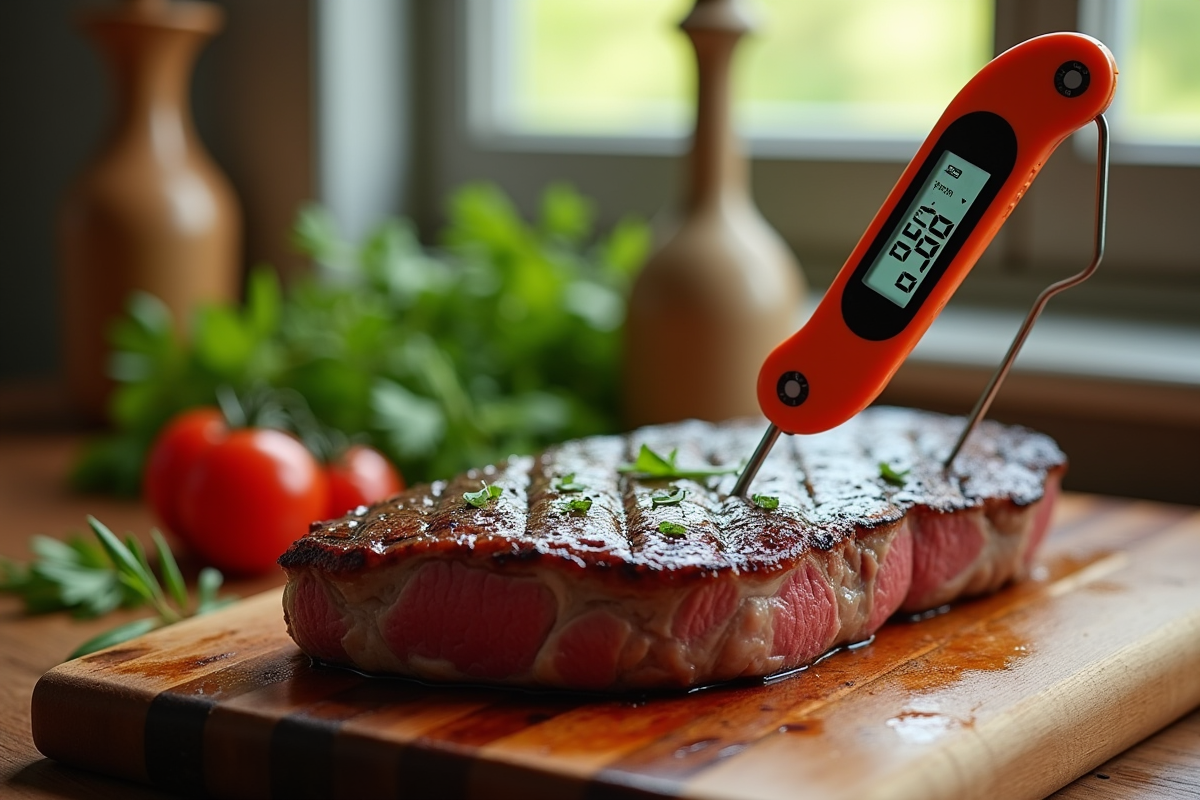 Thermomètre digital dans un steak grillé sur une planche en bois