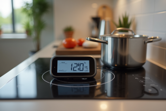 Thermomètre numérique sur plaque induction moderne dans une cuisine lumineuse