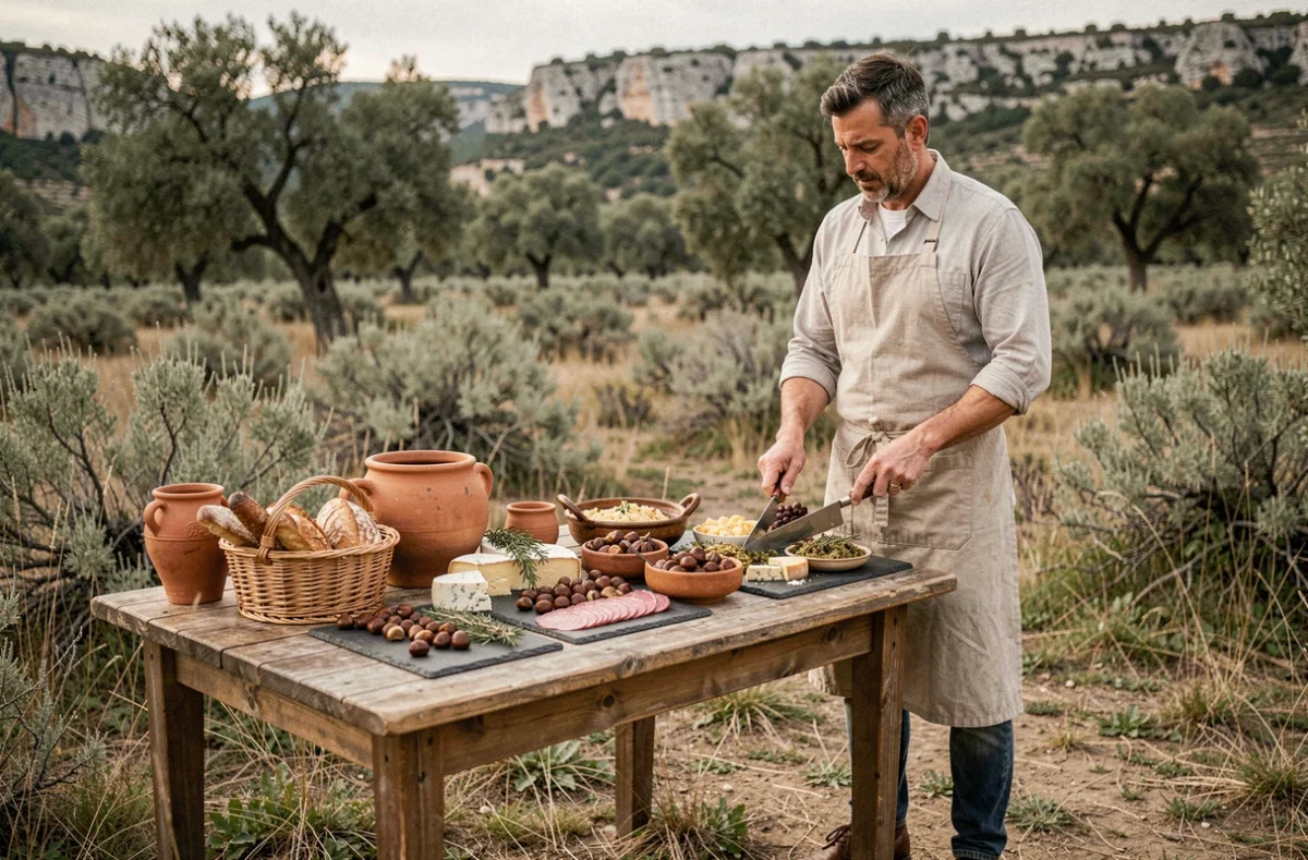 Chef traiteur Le Toucan Gourmand by Dimitri Thalmensy présentant une table de spécialités ardéchoises en plein air